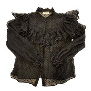 LoveShackFancy Erica SWISS DOT HIGH NECK LACE BLOUSE Ruffled Button Front Sheer